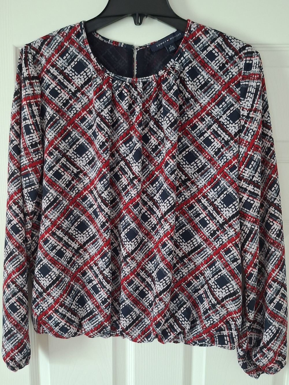 Tommy Hilfiger Plaid Long Sleeve Bubble Hem Blouse Size S Geometric Print
